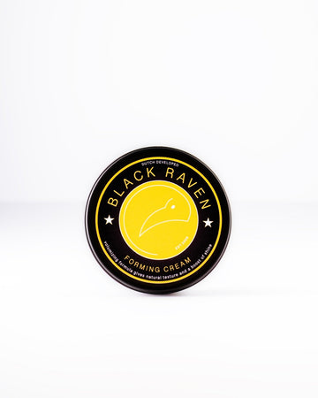 Black Raven Forming Cream for natural texture and shine, in a black and yellow container.