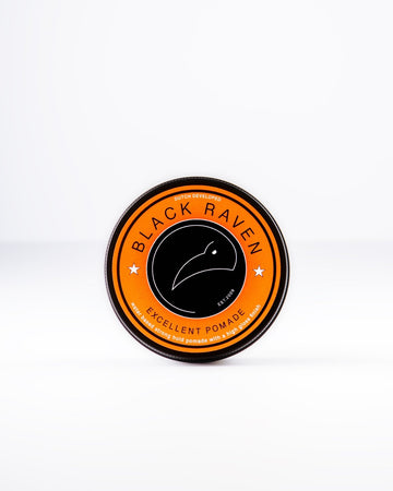 Black Raven Excellent Pomade, a water-based pomade for strong hold and high gloss finish.