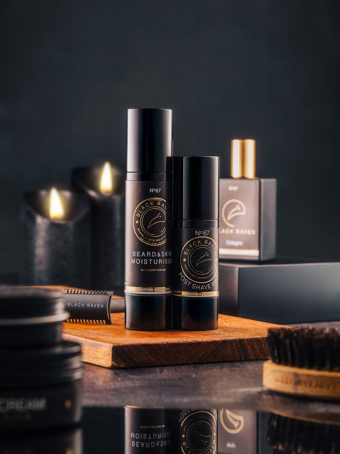 Black Raven No.67 alcohol-free aftershave balm and moisturizing products on wooden display.